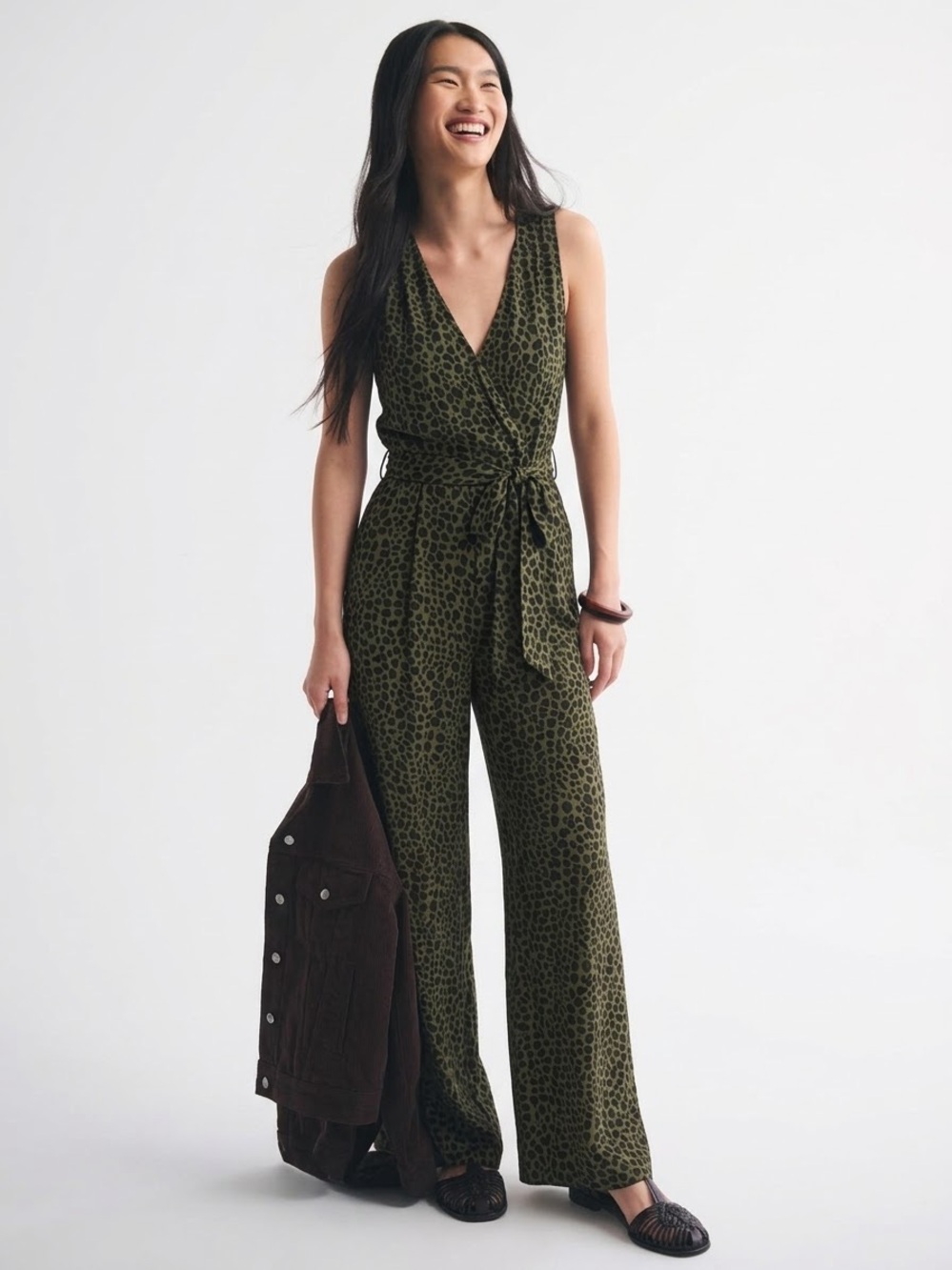 NWT Abercrombie & Fitch Olive Green Leopard Print Sleeveless Wrap Jumpsuit Small